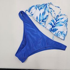 Blue and White Leaf Print Bikini Set Size Medium